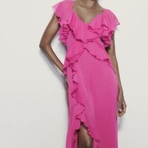 ZARA NWT Size Small Magenta Ruffle Slip Dress